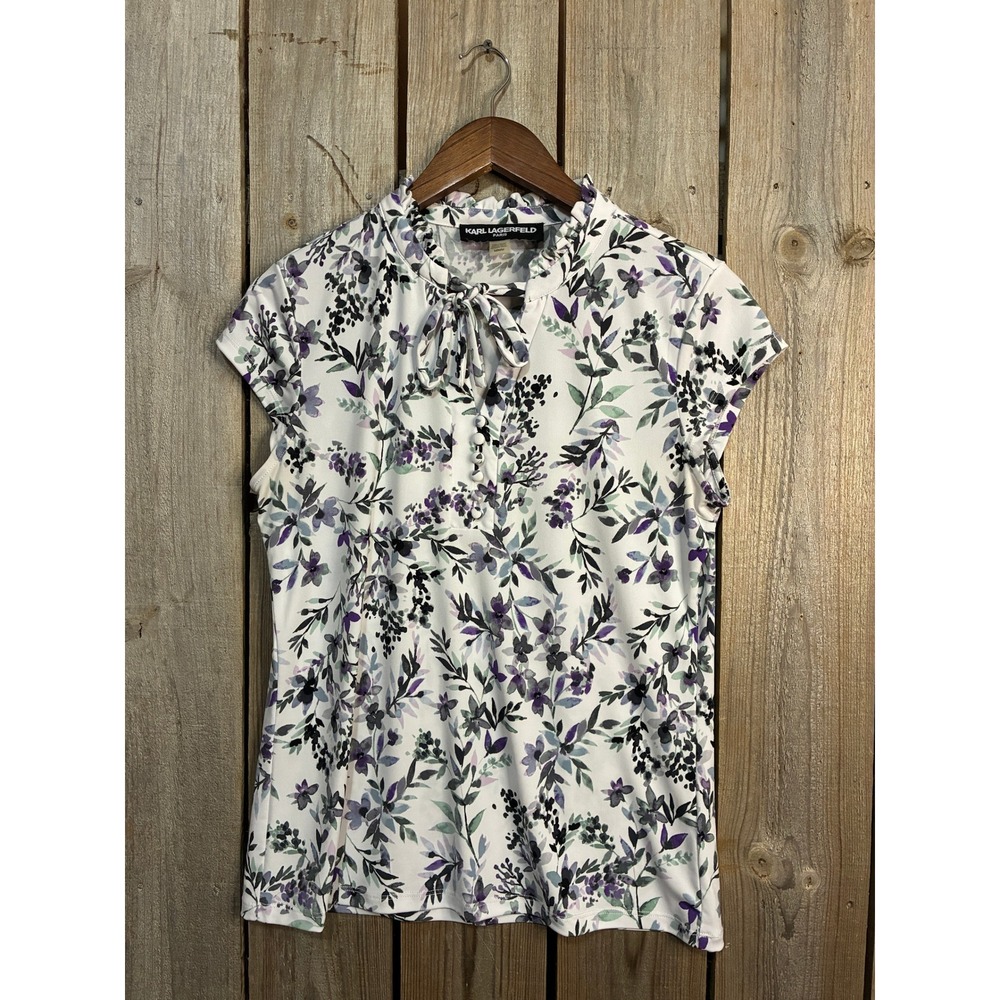 Karl Lagerfeld Paris Womens Floral Ruffle Tie Neck Blouse Purple White Medium